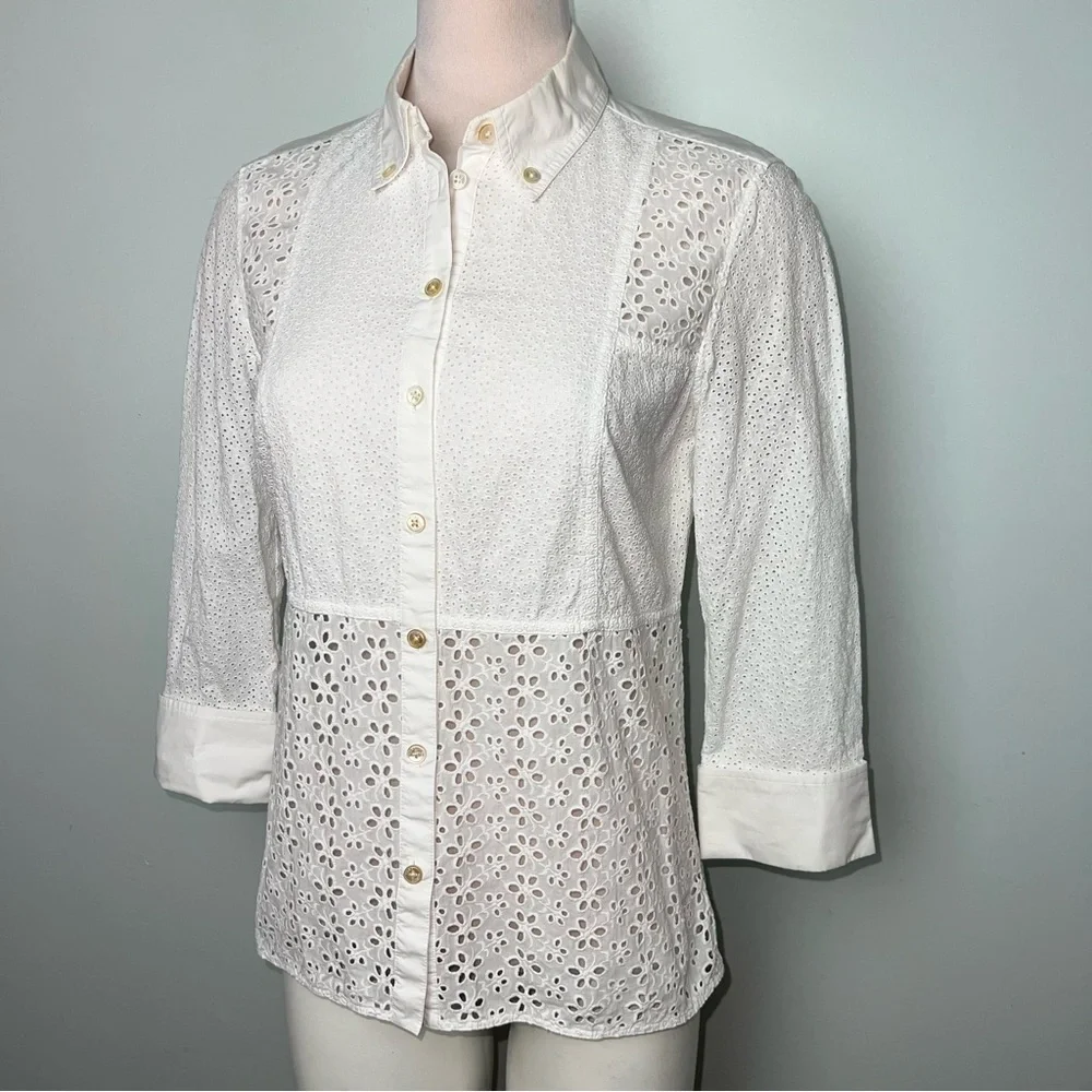 Tory Burch White Eyelet Button Down Blouse Peplum Shirt Size 4 Cotton Lace